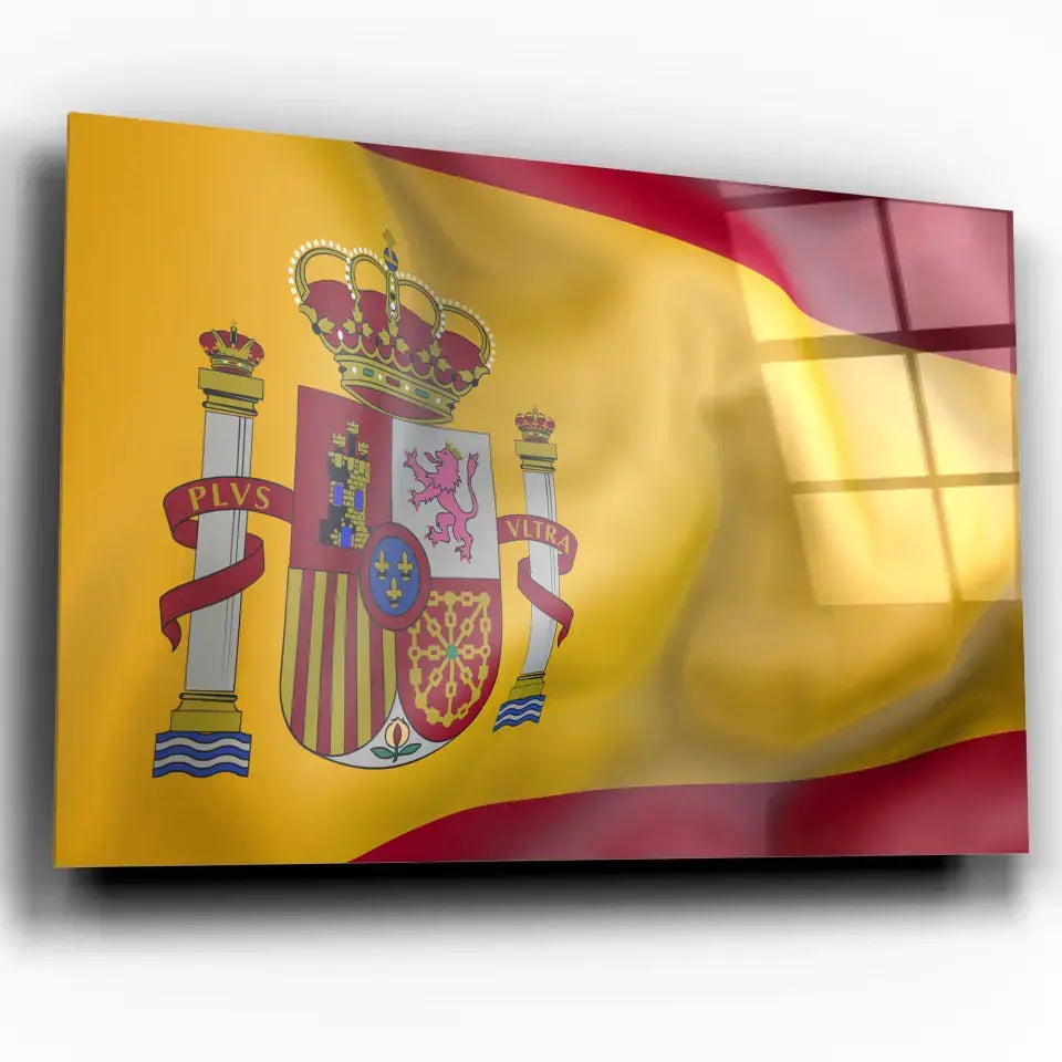 Tableau Drapeau Espagne en verre acrylique, vue inclinée sur fond blanc