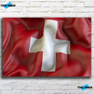 Tableau Drapeau Suisse sur toile, vue de face sur un mur de briques blanches
