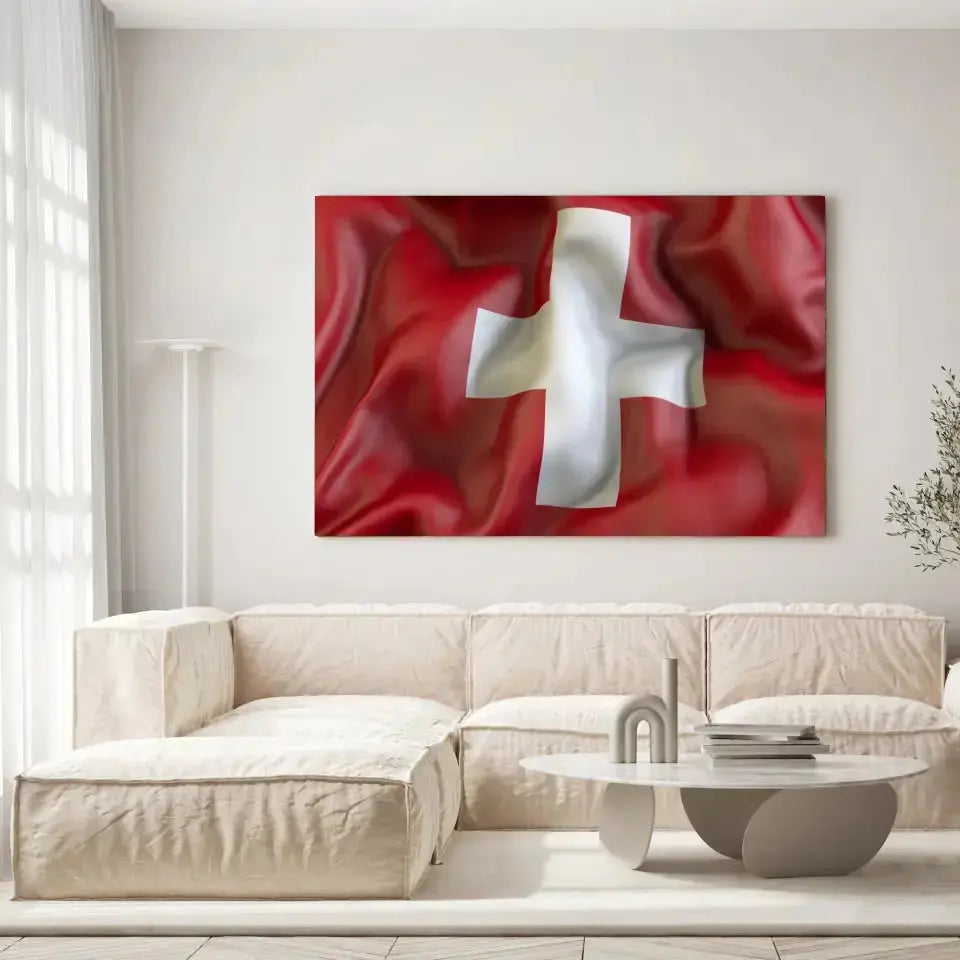 Tableau Drapeau Suisse sur toile, accrochée dans un salon lumineux au-dessus d'un canapé beige