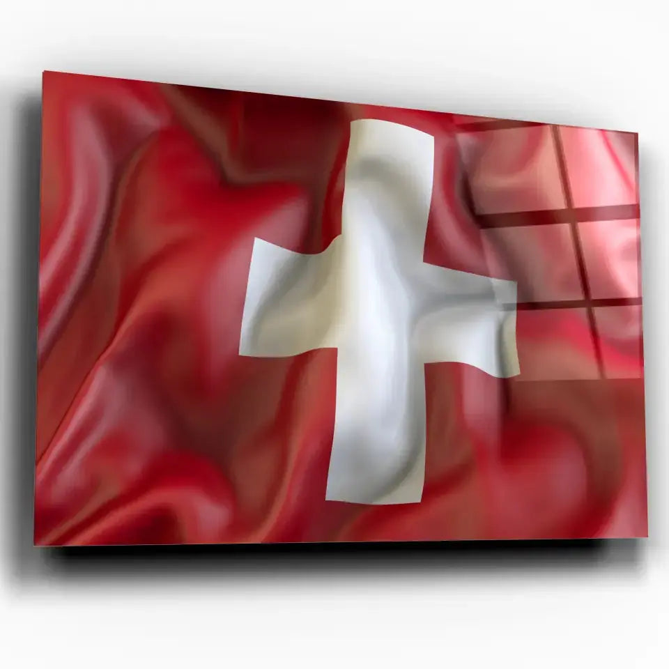 Tableau Drapeau Suisse en verre acrylique, vue inclinée sur fond blanc