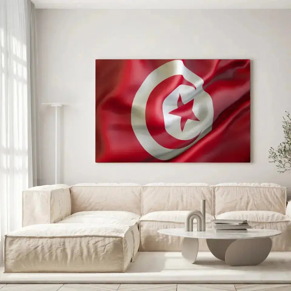 Tableau Drapeau Tunisie sur toile, accrochée dans un salon lumineux au-dessus d'un canapé beige