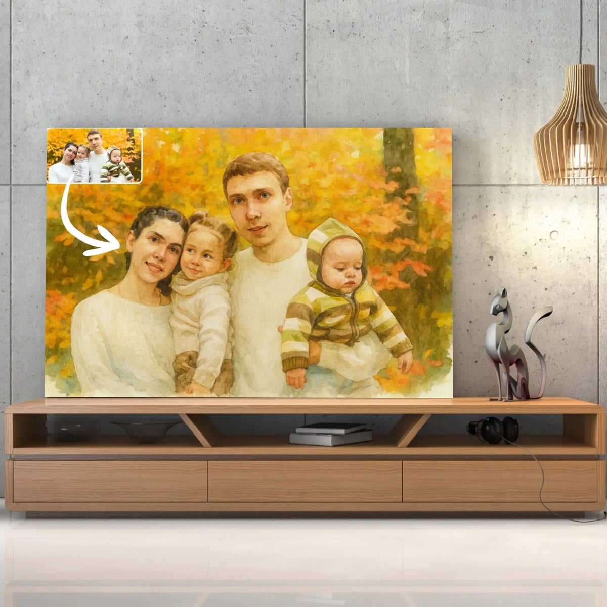 Tableau effet peinture aquarelle posé sur un meuble TV en bois, portrait de famille personnalisé