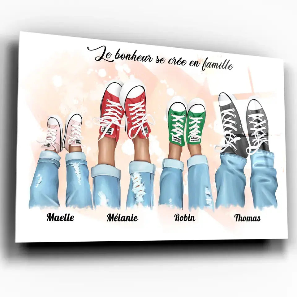 Tableau famille personnalisé chaussures, exemple avec plusieurs prénoms, gros plan incliné