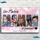 Tableau famille personnalisé lettres MAMAN photo, vue de face sur mur de briques blanches