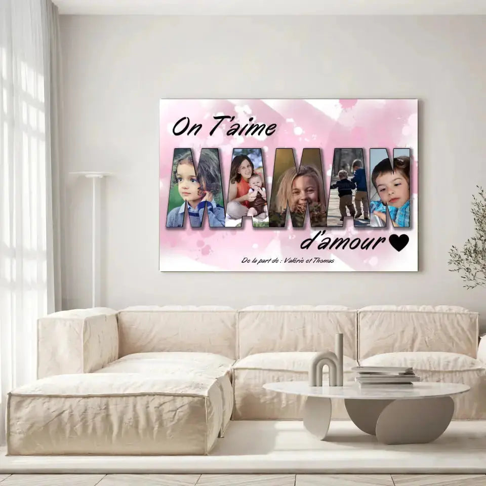 Tableau famille personnalisé lettres MAMAN photo accroché au mur, salon canapé blanc