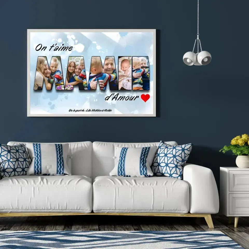 Tableau famille personnalisé lettres MAMIE photo accroché au mur, salon bleu foncé