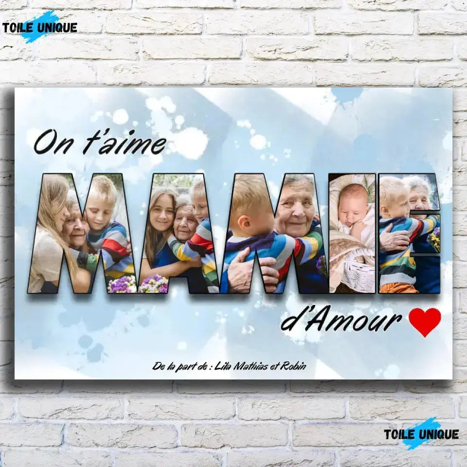 Tableau famille personnalisé lettres MAMIE photo accroché au mur, salon, variante