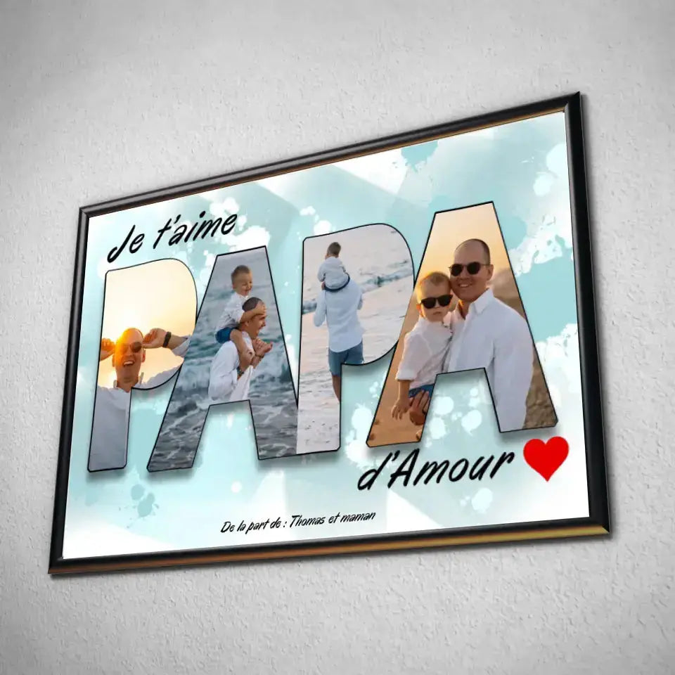 Tableau famille personnalisé lettres PAPA photo dans un cadre noir, incliné