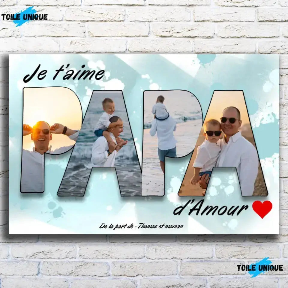 Tableau famille personnalisé lettres PAPA photo, vue de face sur mur de briques blanches