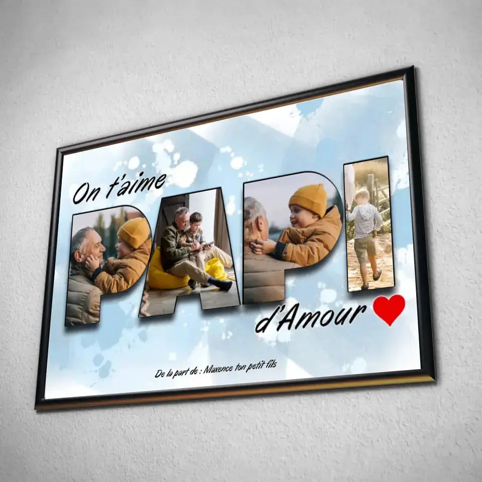 Tableau famille personnalisé lettres PAPI photo dans un cadre noir, incliné
