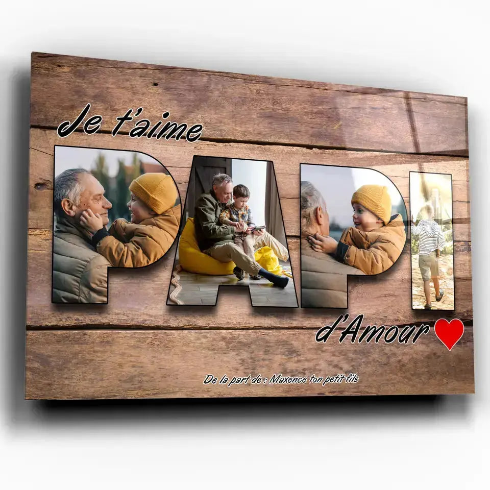 Tableau famille personnalisé lettres PAPI photo, exemple de variante, gros plan incliné