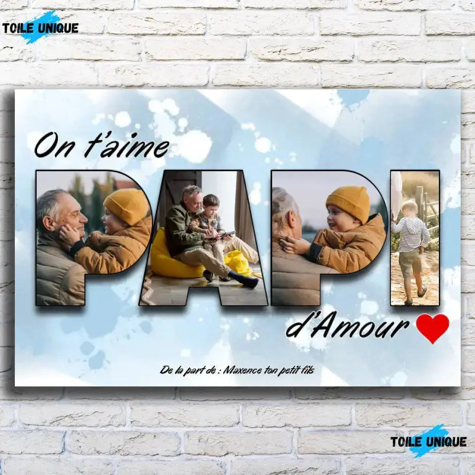 Tableau famille personnalisé lettres PAPI photo, vue de face sur mur de briques blanches