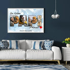 Tableau famille personnalisé lettres PAPI photo accroché au mur, salon bleu foncé
