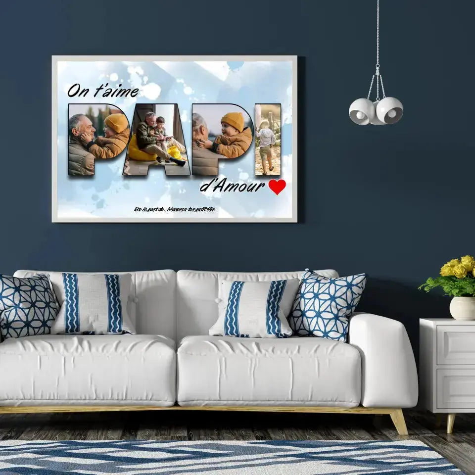 Tableau famille personnalisé lettres PAPI photo accroché au mur, salon bleu foncé