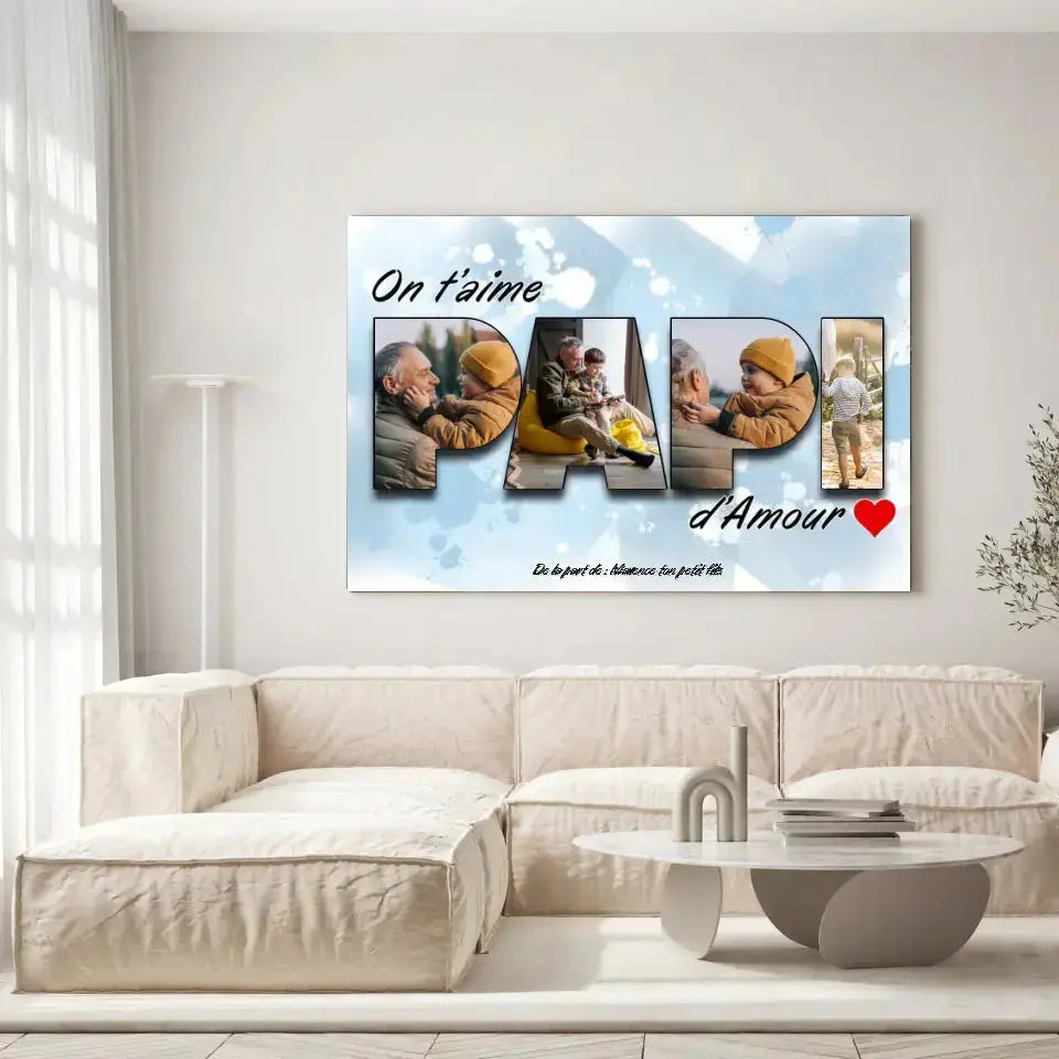 Tableau famille personnalisé lettres PAPI photo accroché au mur, salon canapé blanc