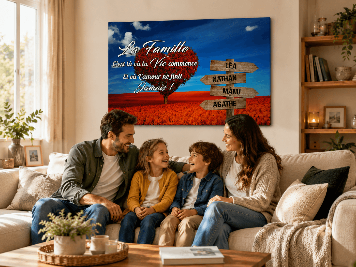 Famille assise sur un canapé devant un tableau famille personnalisé avec panneaux de prénoms