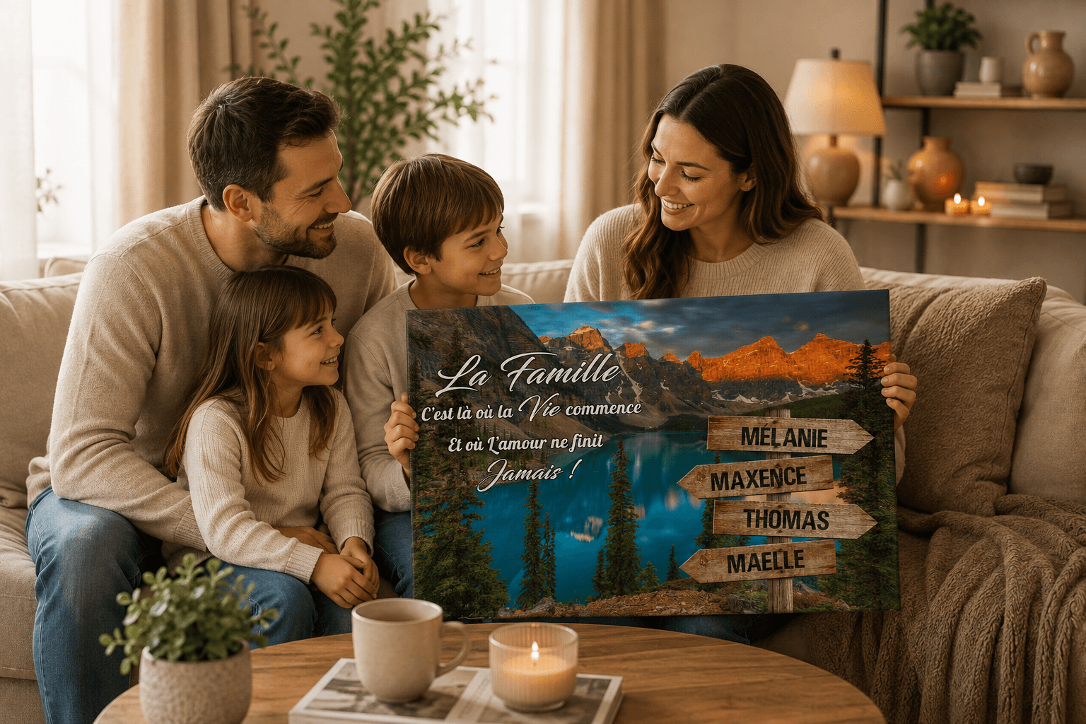 Parents et enfants tenant un tableau famille personnalisé « La Famille » dans un salon