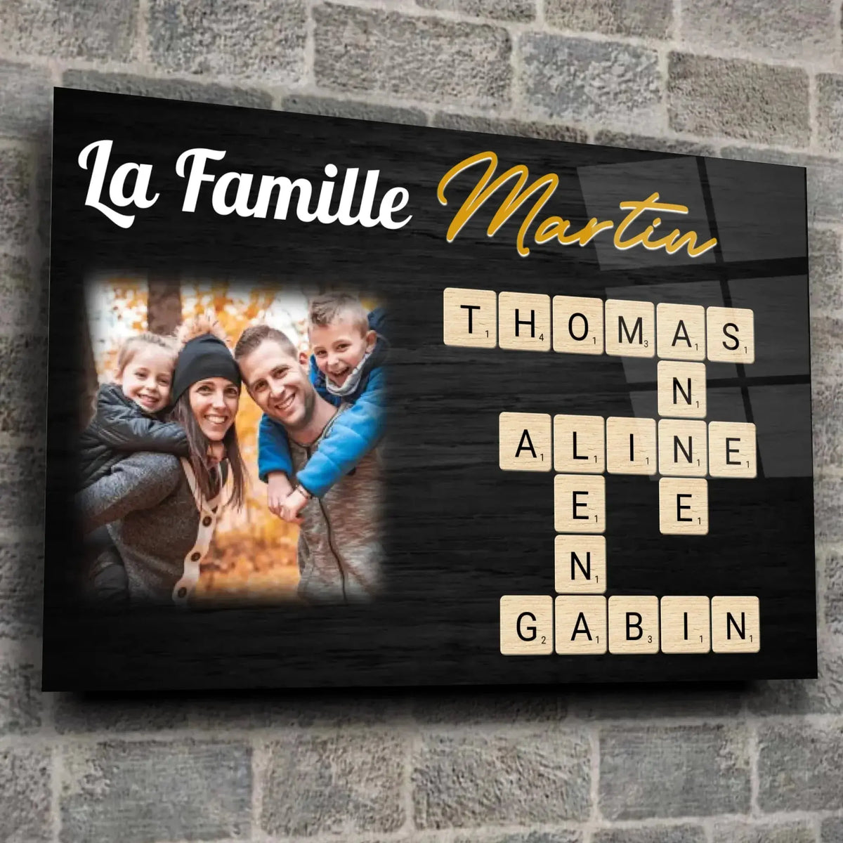 Tableau famille personnalisé Scrabble, gros plan incliné, variante