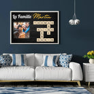 Tableau famille personnalisé Scrabble accroché au mur, salon bleu foncé