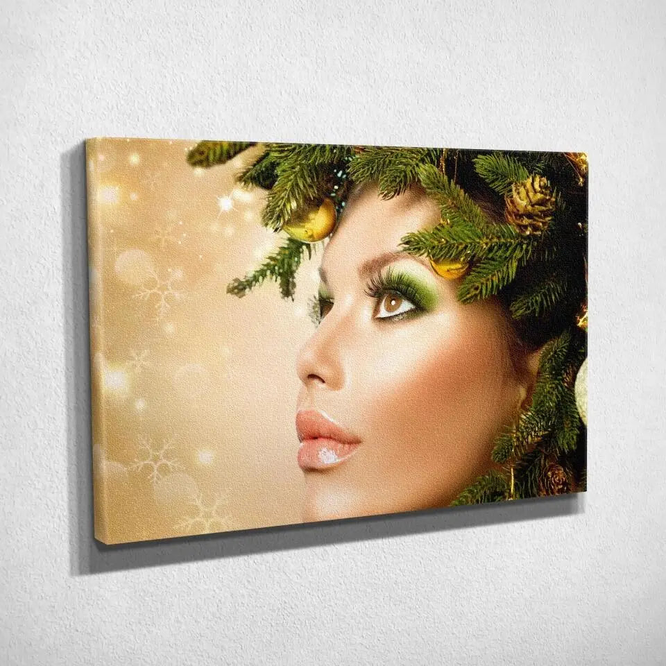 Tableau Femme noël en or sur toile, vue inclinée montrant l'épaisseur du châssis