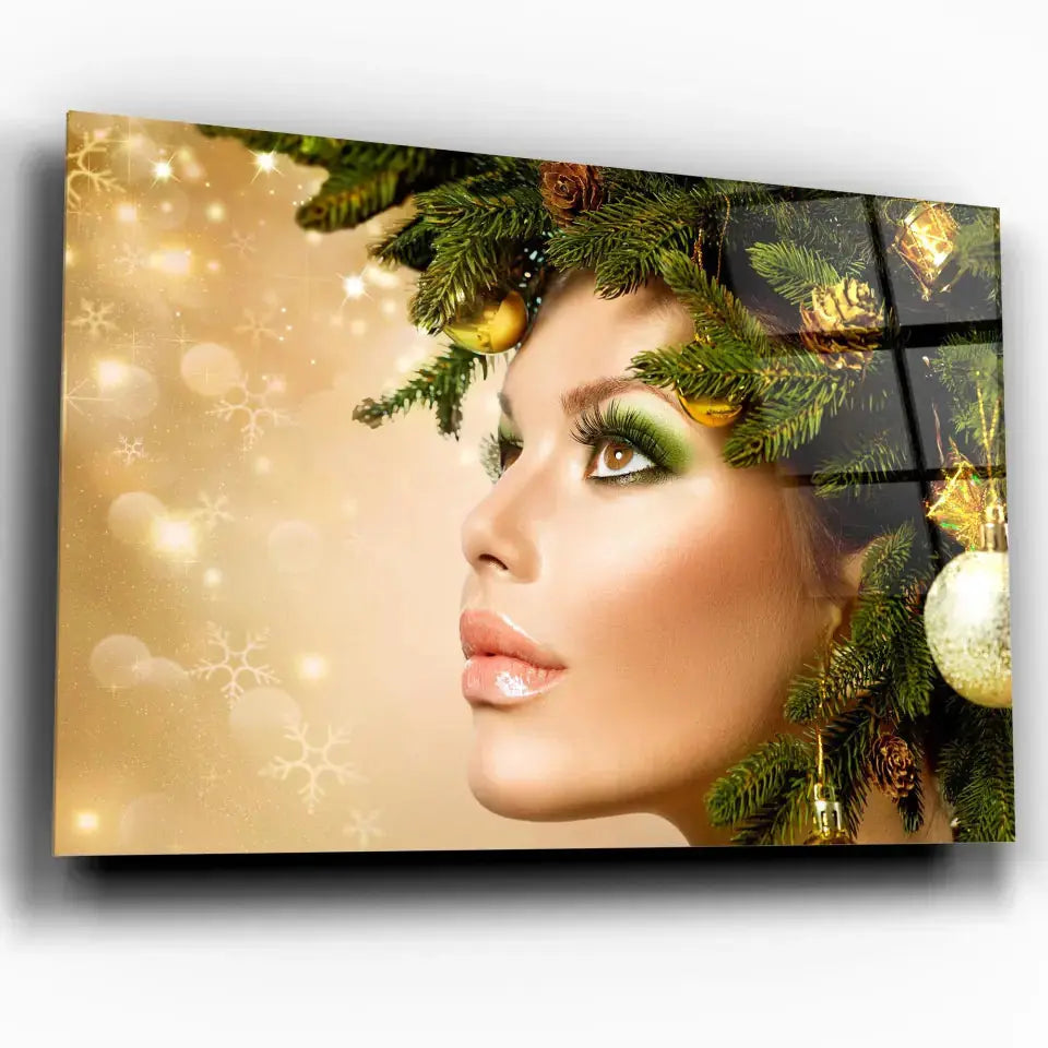 Tableau Femme noël en or en verre acrylique, vue inclinée sur fond blanc
