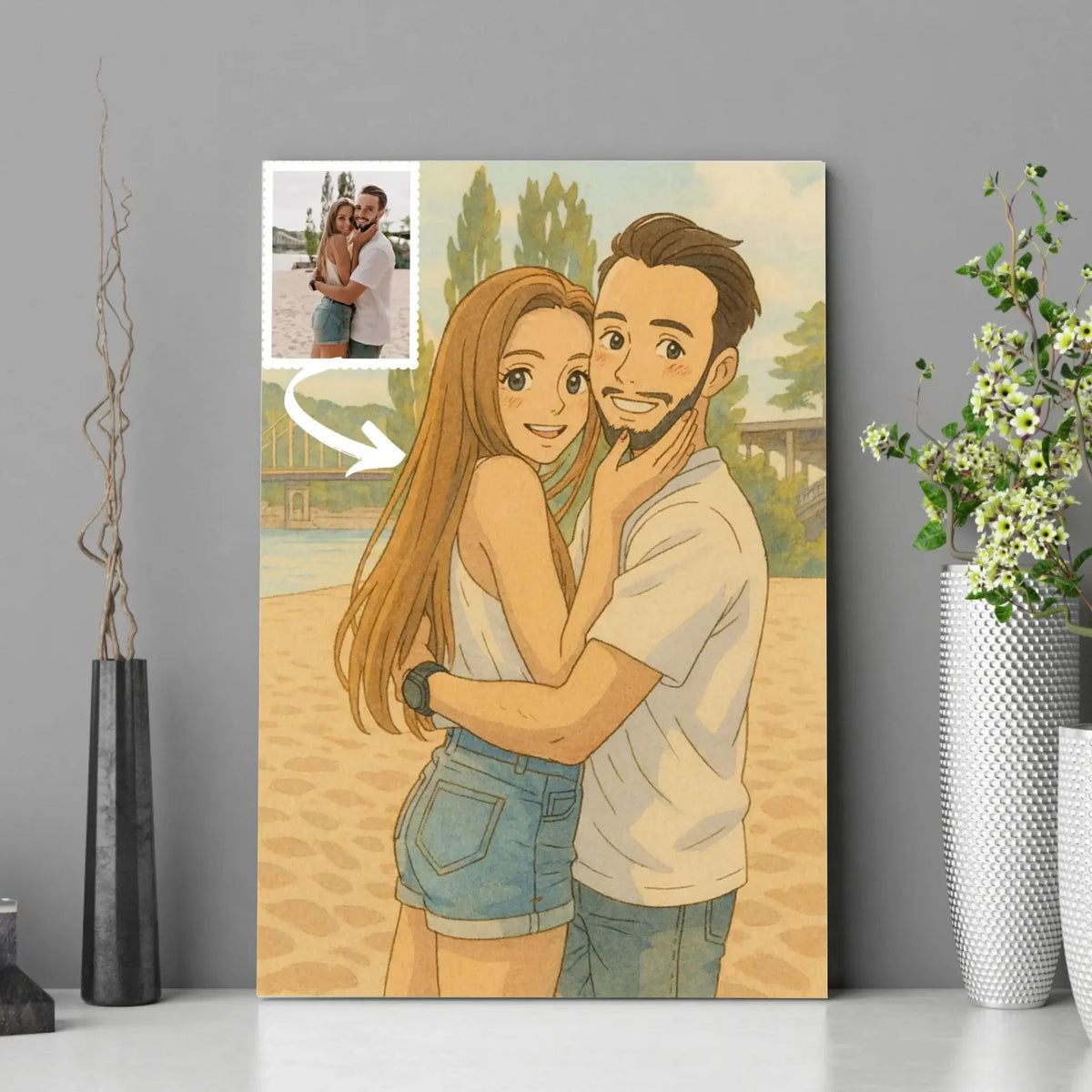 Tableau photo personnalisé style anime japonais Ghibli encadré, portrait de couple près de plantes
