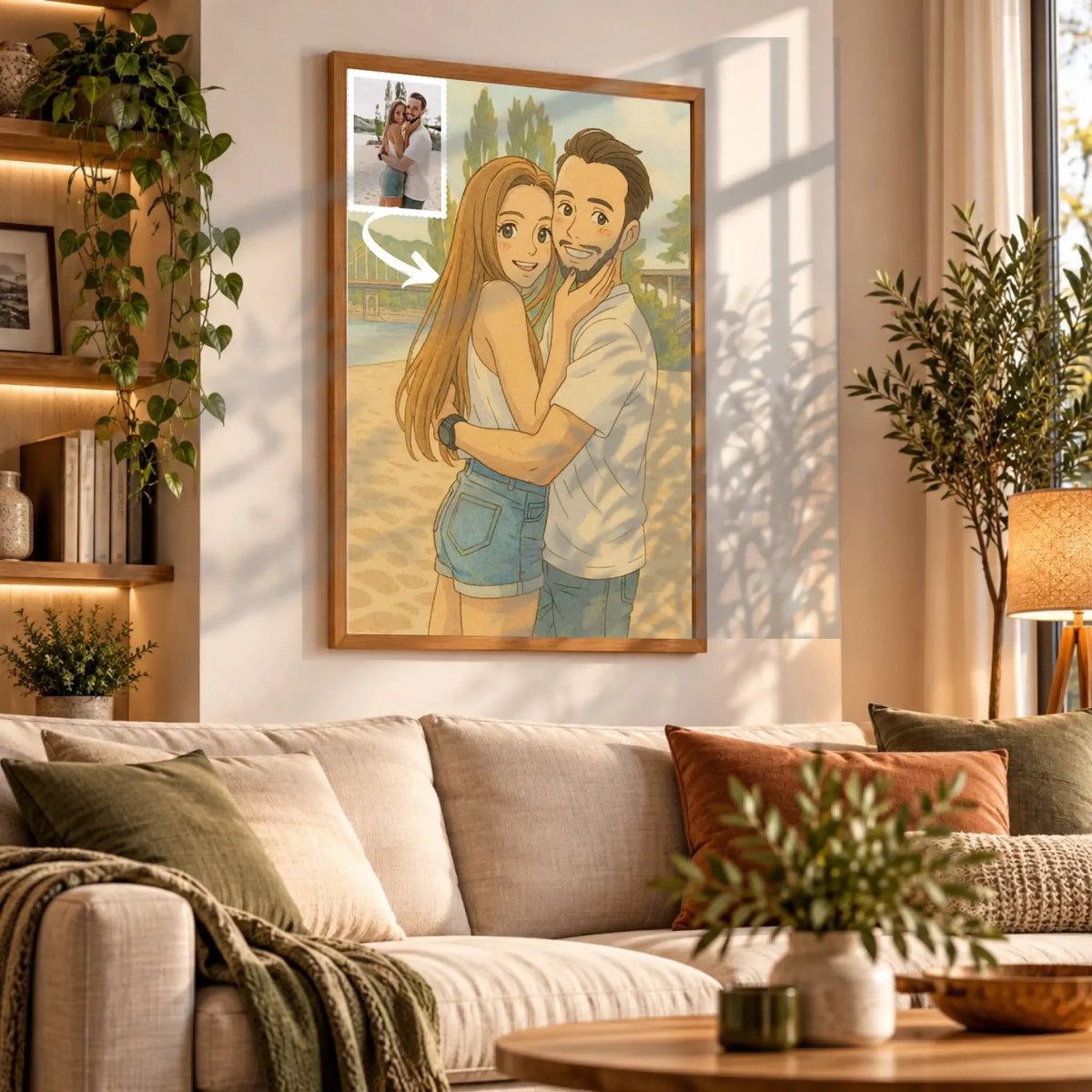Tableau toile style anime japonais Ghibli accroché au mur, portrait de couple, bibliothèque