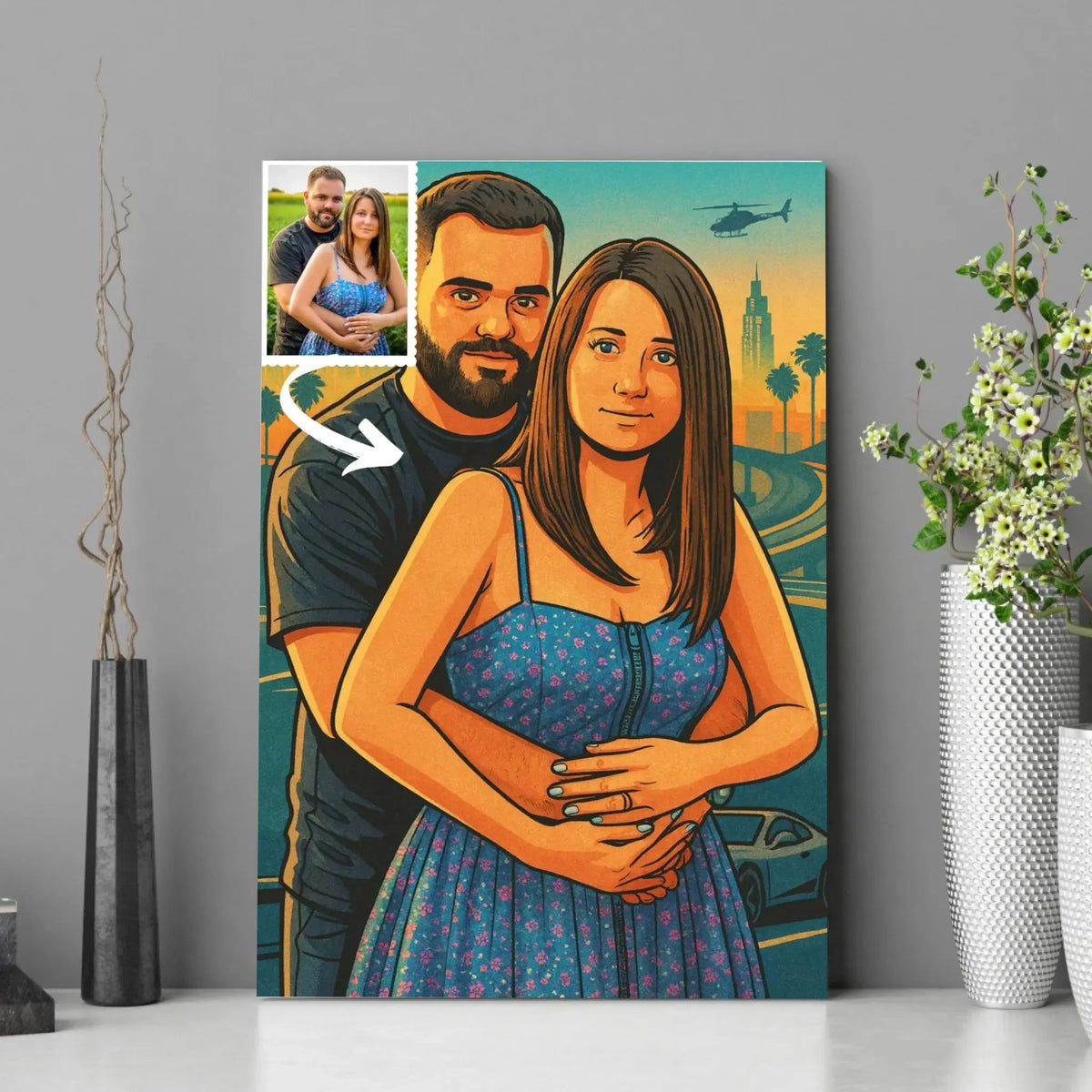 Tableau photo personnalisé effet cartoon type GTA encadré, portrait de couple près de plantes