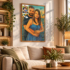 Tableau toile effet cartoon type GTA accroché au mur, portrait de couple, bibliothèque