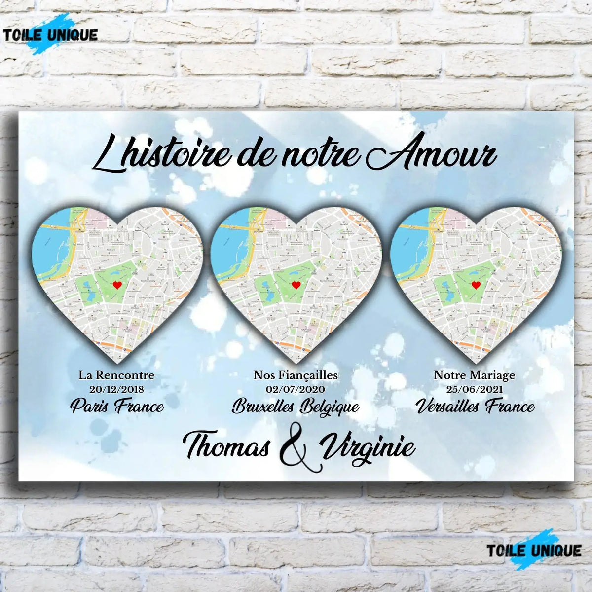 Tableau Lieu de Rencontre personnalisé histoire de notre amour, vue de face sur mur de briques blanches