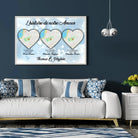 Tableau Lieu de Rencontre personnalisé histoire de notre amour accroché au mur, salon bleu foncé