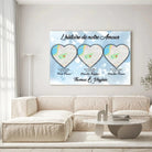 Tableau Lieu de Rencontre personnalisé histoire de notre amour accroché au mur, salon canapé blanc