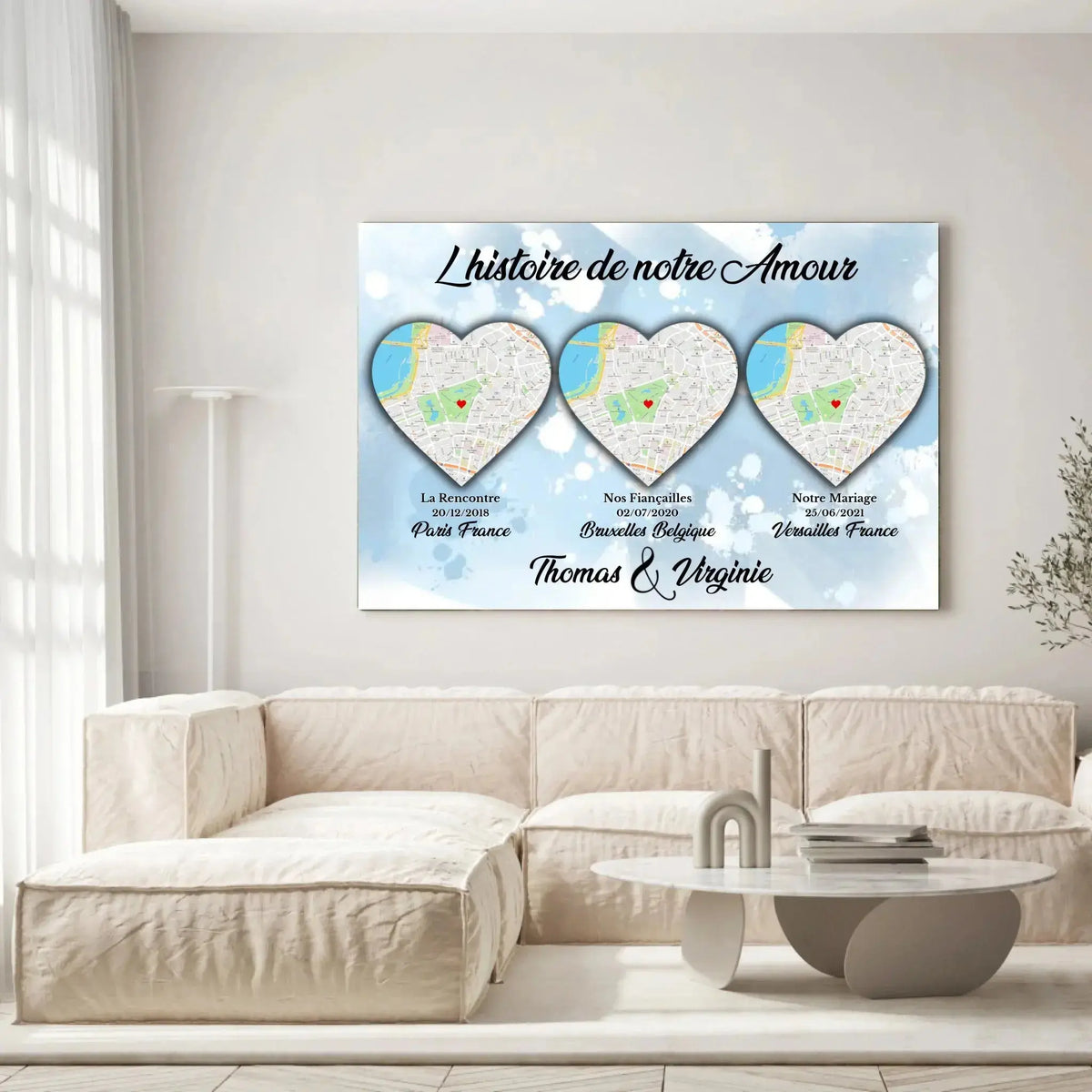 Tableau Lieu de Rencontre personnalisé histoire de notre amour accroché au mur, salon canapé blanc