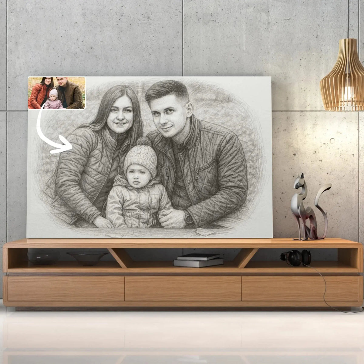 Tableau horizontal effet dessin au crayon graphite sur meuble TV, cadeau original, portrait de famille
