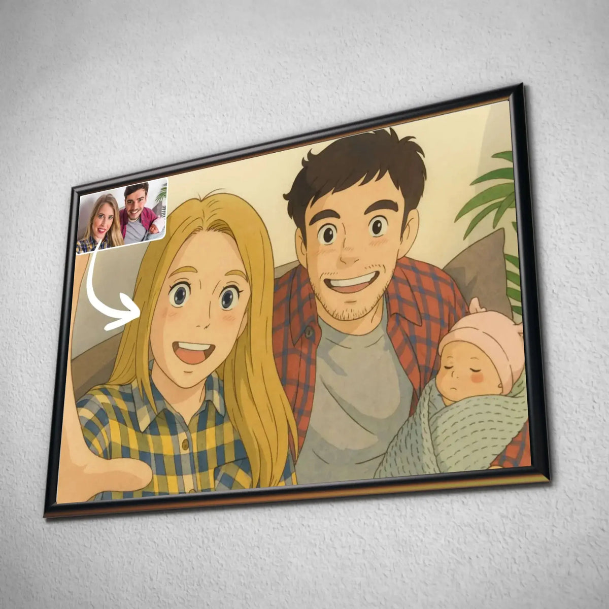 Tableau horizontal personnalisé style anime japonais Ghibli encadré, portrait de famille en illustration