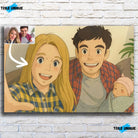 Tableau horizontal personnalisé style anime japonais Ghibli sur mur de briques blanches, portrait de famille