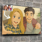 Tableau horizontal personnalisé style anime japonais Ghibli sur mur de pierre, portrait de famille