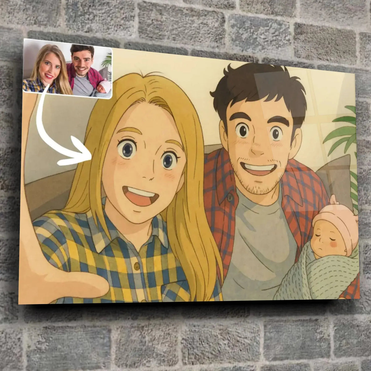 Tableau horizontal personnalisé style anime japonais Ghibli sur mur de pierre, portrait de famille