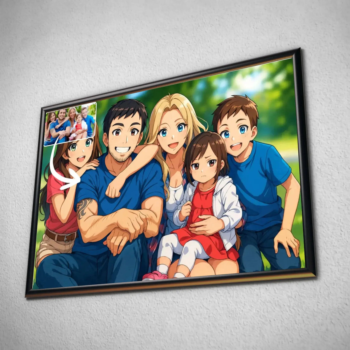 Tableau horizontal personnalisé style anime japonais manga encadré, portrait de famille en illustration