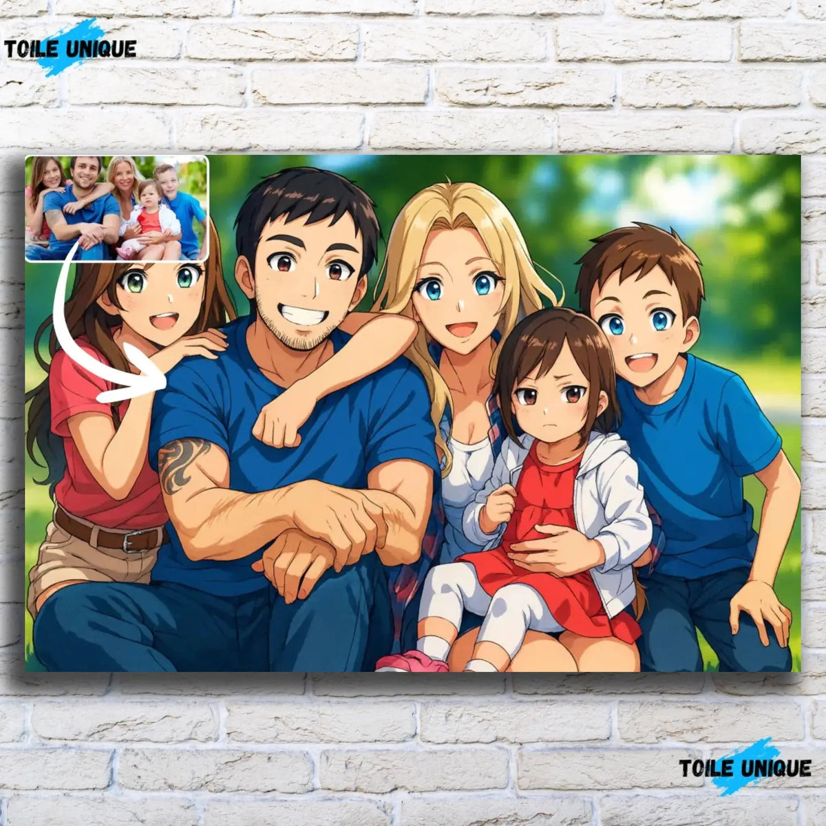 Tableau horizontal personnalisé style anime japonais manga sur mur de briques blanches, portrait de famille
