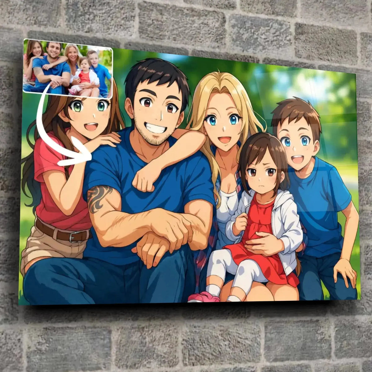 Tableau horizontal personnalisé style anime japonais manga sur mur de pierre, portrait de famille