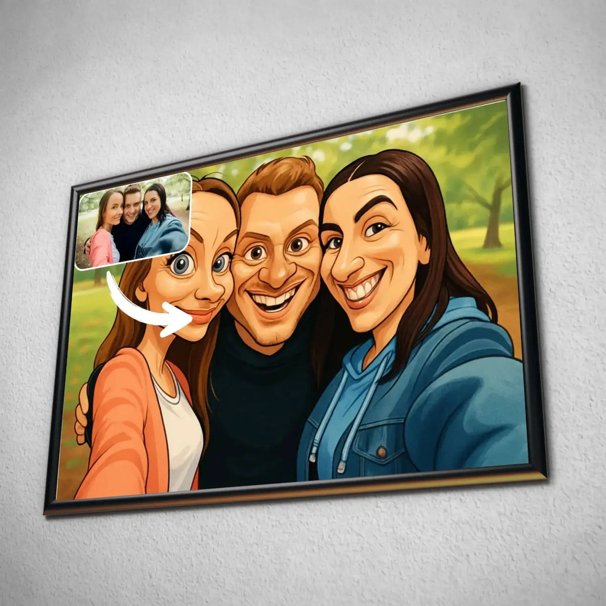 Tableau horizontal personnalisé style caricature encadré, portrait de groupe d'amis en illustration