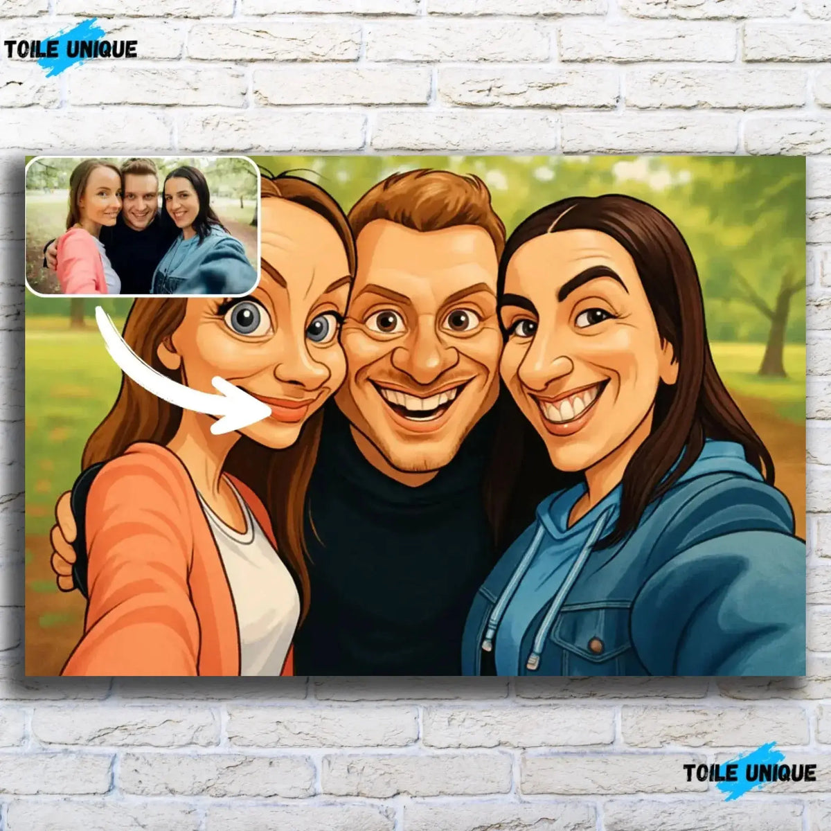 Tableau horizontal personnalisé style caricature sur mur de briques blanches, portrait de groupe d'amis