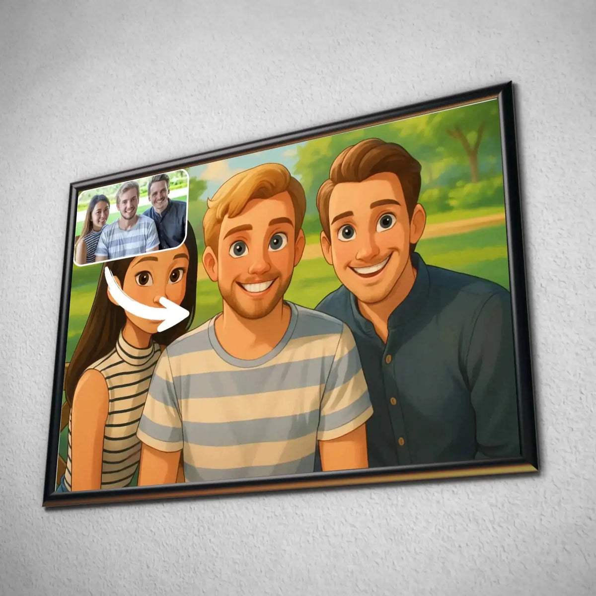 Tableau horizontal personnalisé style Disney encadré, portrait de groupe d'amis en illustration