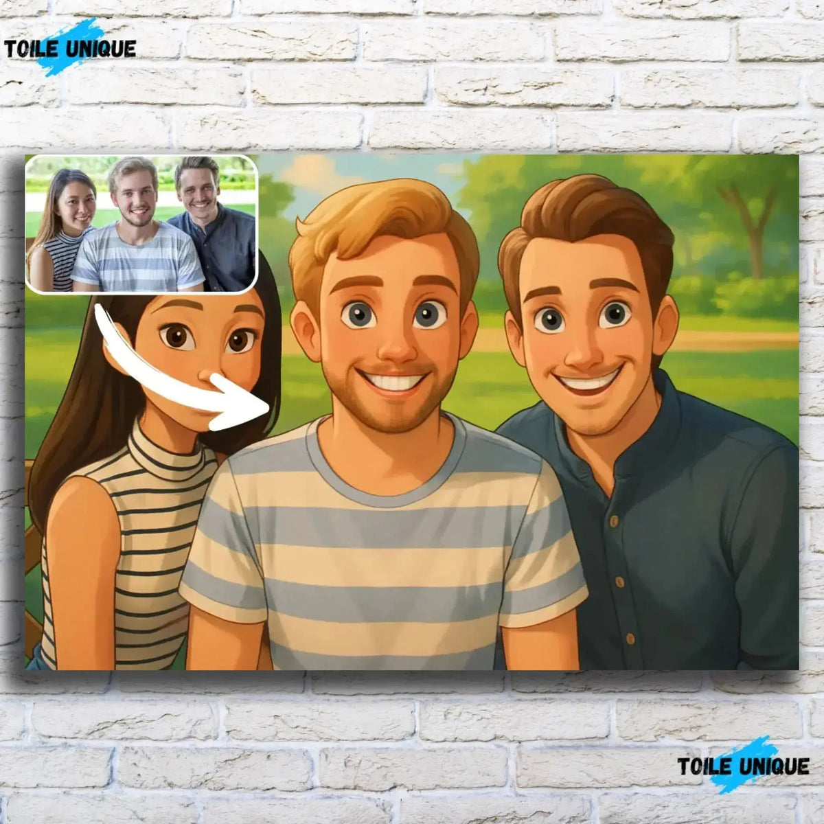 Tableau horizontal personnalisé style Disney sur mur de briques blanches, portrait de groupe d'amis