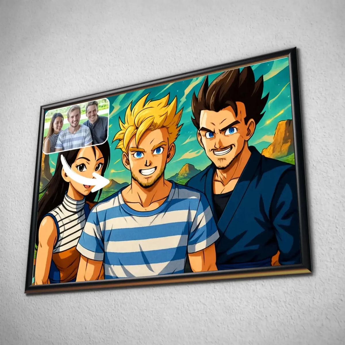 Tableau horizontal personnalisé style Dragon Ball encadré, portrait de groupe d'amis en illustration