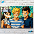 Tableau horizontal personnalisé style Dragon Ball sur mur de briques blanches, portrait de groupe d'amis