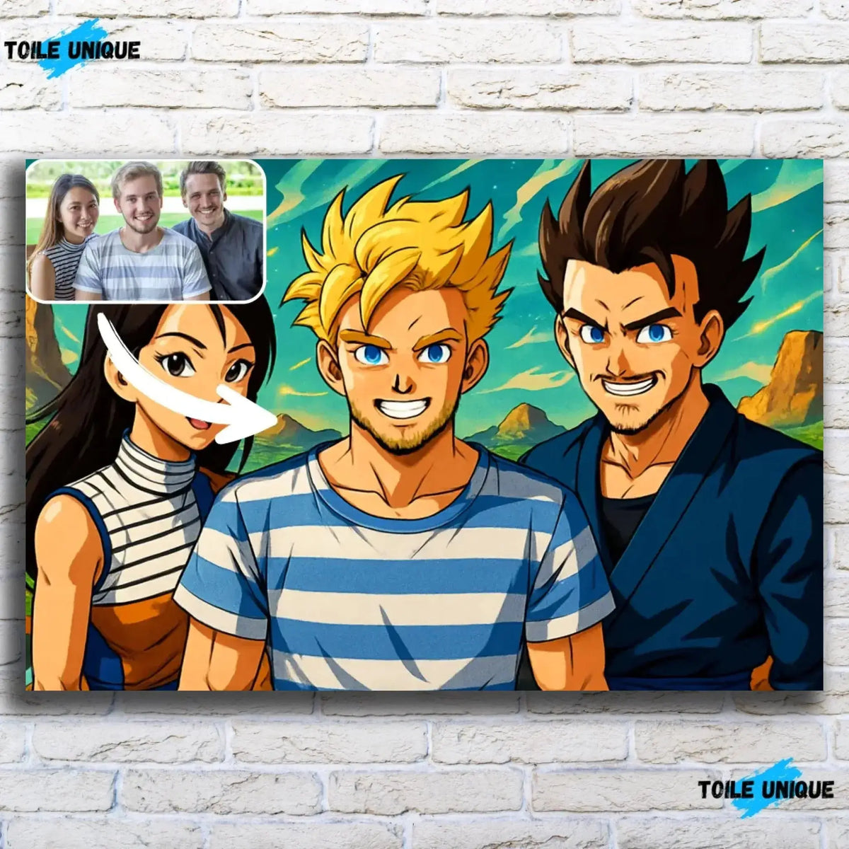 Tableau horizontal personnalisé style Dragon Ball sur mur de briques blanches, portrait de groupe d'amis