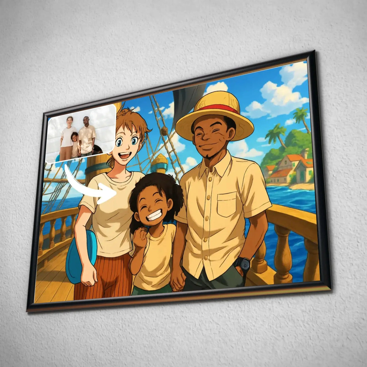 Tableau horizontal personnalisé style One Piece encadré, portrait de famille en illustration
