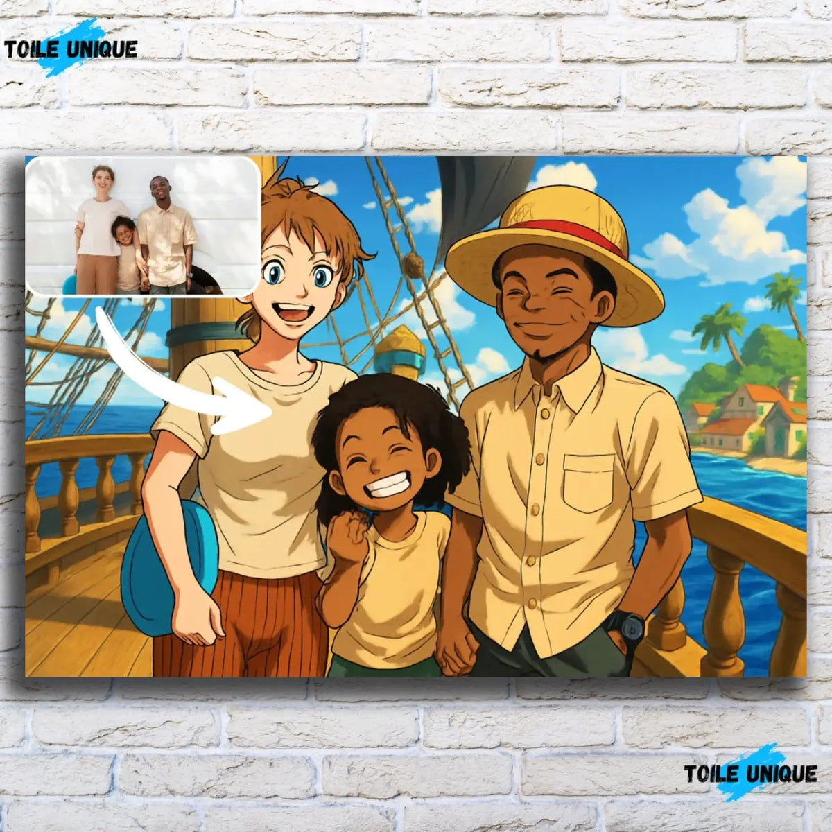 Tableau horizontal personnalisé style One Piece sur mur de briques blanches, portrait de famille
